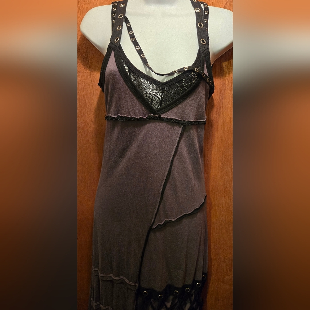 Cray Edgy Gray & Black Cotton Lace Studded Corset Details Dress SzL - Picture 2 of 15